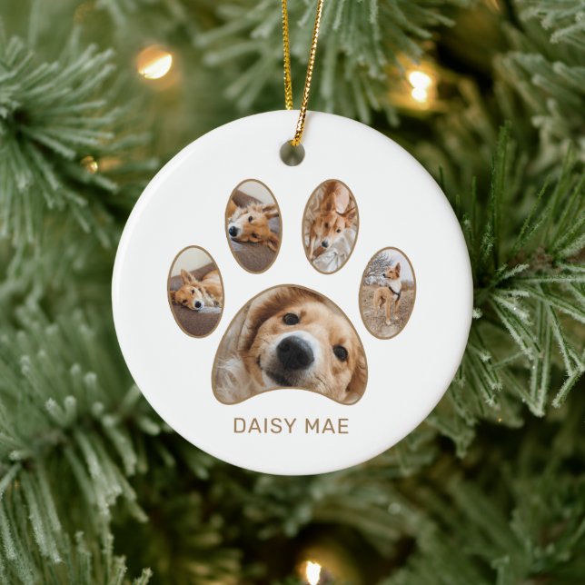 Custom Paw Print Pet Name Year Photo Collage Ceramic Tree Decoration (Tree)