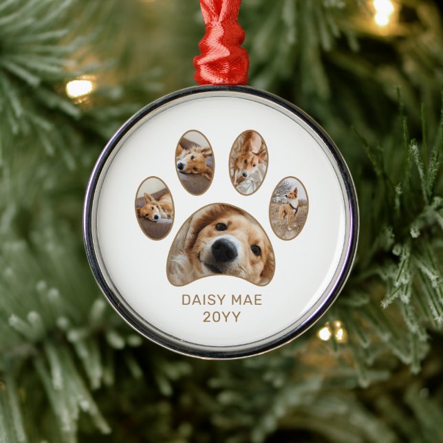 Custom Paw Print Pet Name Year Photo Collage Metal Tree Decoration (Tree)