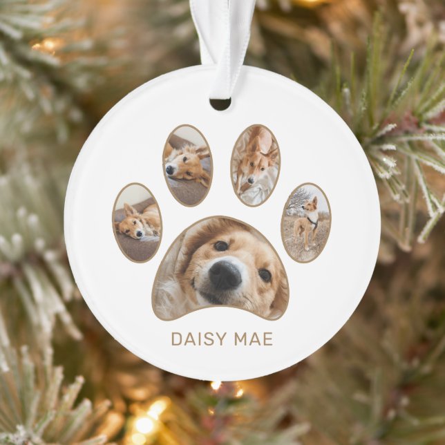 Custom Paw Print Pet Name Year Photo Collage Ornament (Tree)
