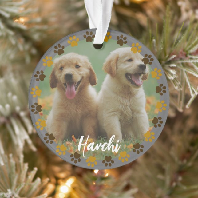 Custom Paw Prints Pet Photo Ornament with Name (Tree)