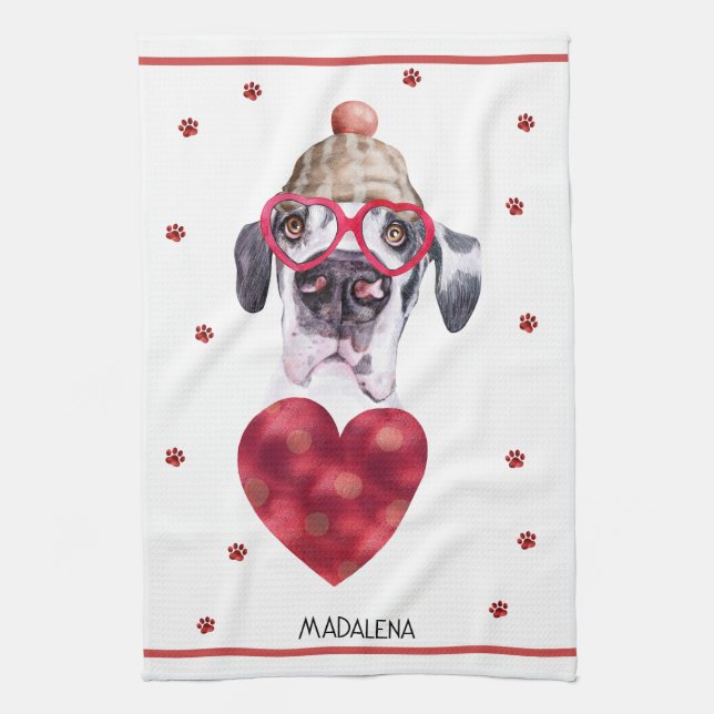 Custom Paws Dog Lover Valentine Gift Great Dane Tea Towel (Vertical)