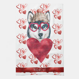 Custom Paws Dog Lover Valentine Gift Husky Tea Towel