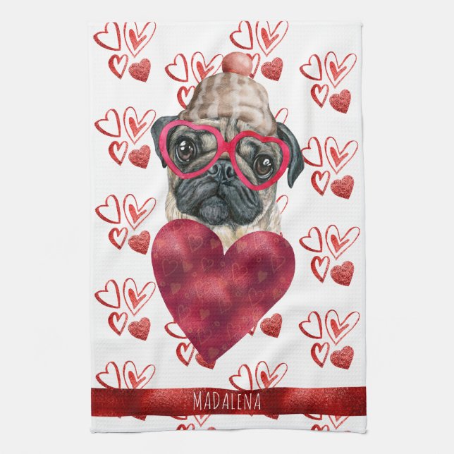Custom Paws Dog Lover Valentine Gift Pug Tea Towel (Vertical)