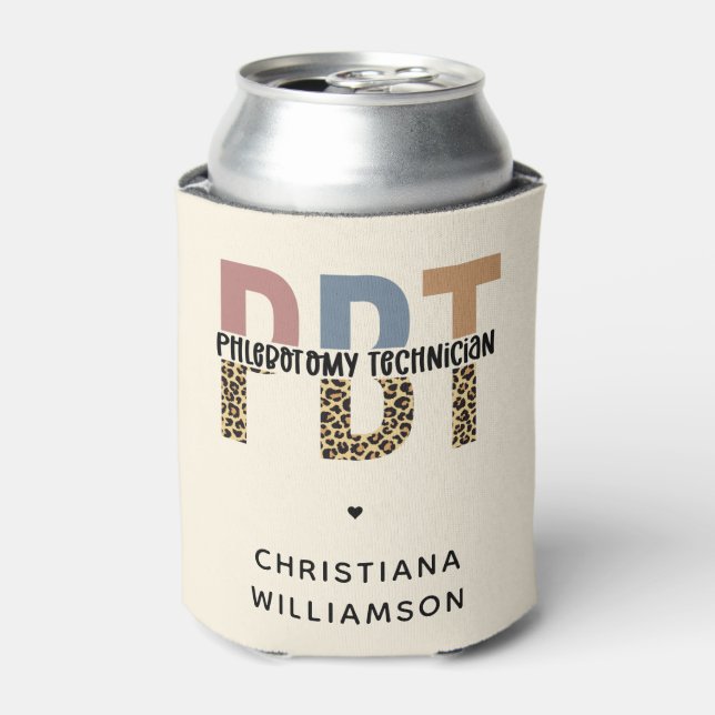 Custom PBT Phlebotomy Technician Leopard Print Can Cooler (Can Front)