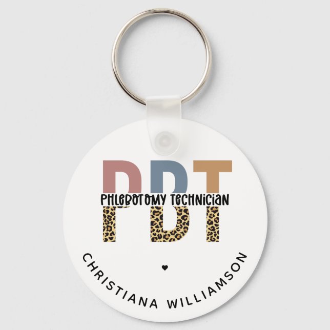 Custom PBT Phlebotomy Technician Leopard Print Key Ring (Front)