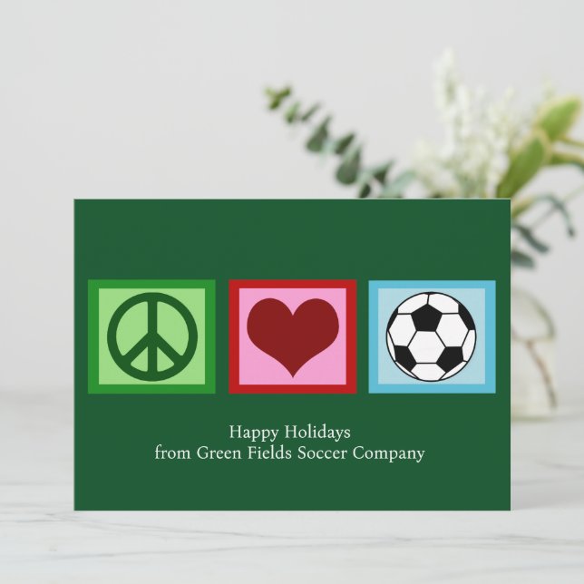 Custom Peace Love Soccer Christmas Green Futbol Holiday Card (Standing Front)