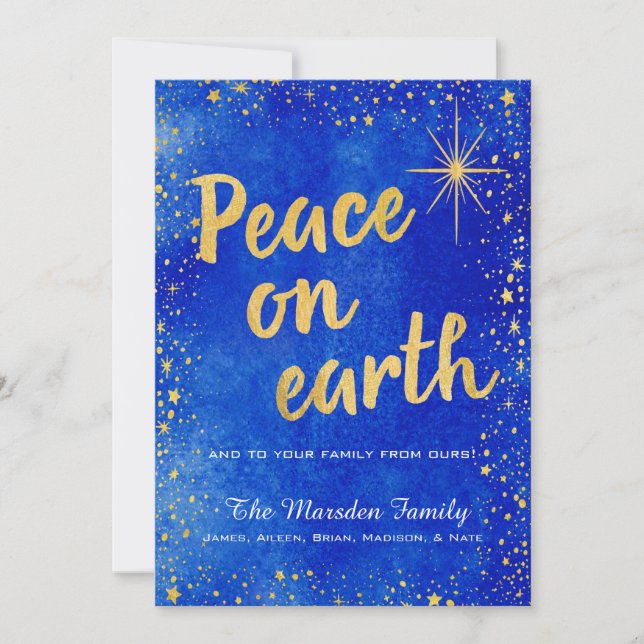 Custom Peace on Earth Blue and Gold Christmas Card (Front)