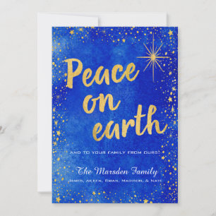 Custom Peace on Earth Blue and Gold Christmas Card