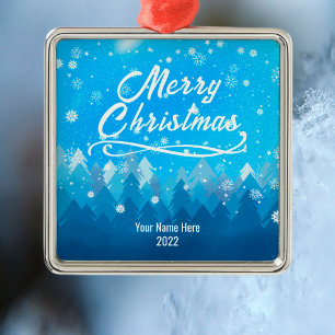 Custom Peaceful Blue Snow Forest Merry Christmas Metal Tree Decoration