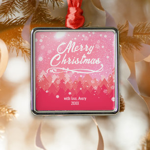 Custom Peaceful Pink Snow Forest Merry Christmas Metal Tree Decoration