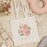 Custom Peach Pink Rose Floral Watercolor Pretty Tote Bag<br><div class="desc">Beautiful personalised handmade watercolor pink and peach rose flower arrangement tote bag with your custom handwritten calligraphy name.</div>