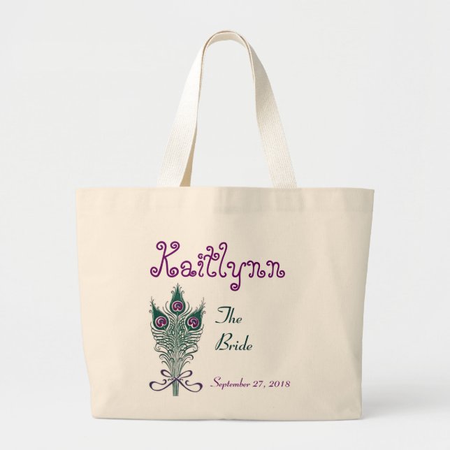Custom Peacock Feather Teal Purple Bride Large Tote Bag (Front)