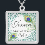 Custom Peacock Personalised Maid of Honour Necklac Silver Plated Necklace<br><div class="desc">Featuring two hand painted peacock feathers and a frame of calligraphic swirls, this design is both contemporary and timeless! Change the date, change the font if you like another better and then select your swirl colour by changing the background colour and you have an awesome bridal party gift or wedding...</div>