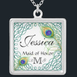 Custom Peacock Personalised Maid of Honour Silver Plated Necklace<br><div class="desc">Featuring two hand painted peacock feathers and a frame of calligraphic swirls, this design is both contemporary and timeless! Change the date, change the font if you like another better and then select your swirl colour by changing the background colour and you have an awesome bridal party gift or wedding...</div>