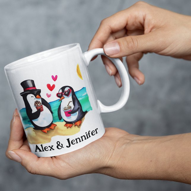 Custom Penguin Couple Names Personalised Coffee Mug (Penguin couple mug design)