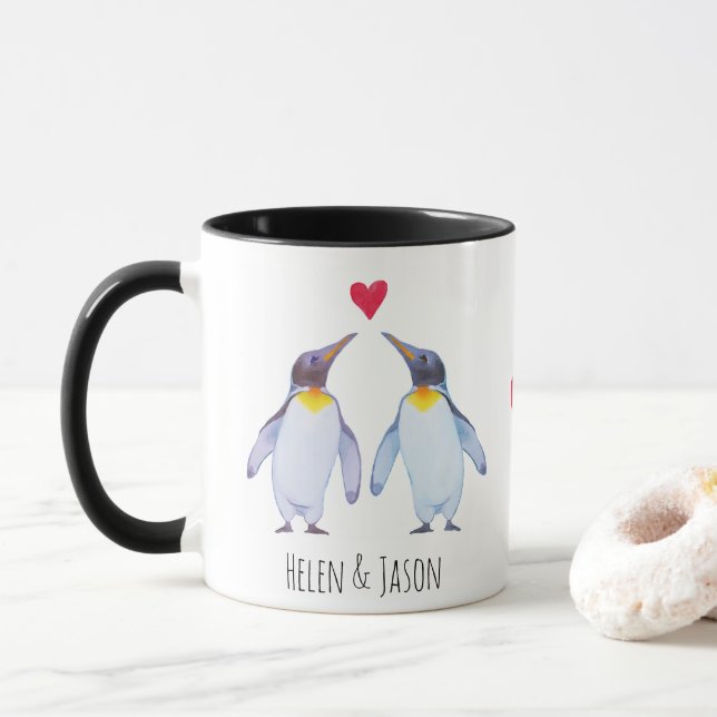 Custom Penguin Couple Names Personalised Mug (With Donut)