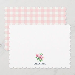 Custom Peonies Painting Gingham Stationary Thank You Card