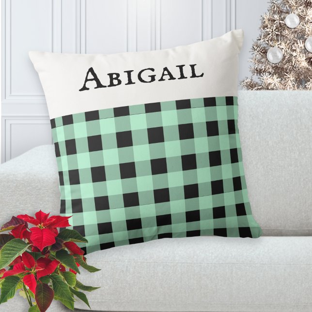 Custom Peppermint Xmas Buffalo Plaid Check Pattern Cushion (A pretty, personalized cushion with buffalo plaid pattern in peppermint green and black)