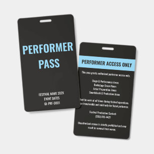 Custom Performer Artist Access Concert ID Blue Badge