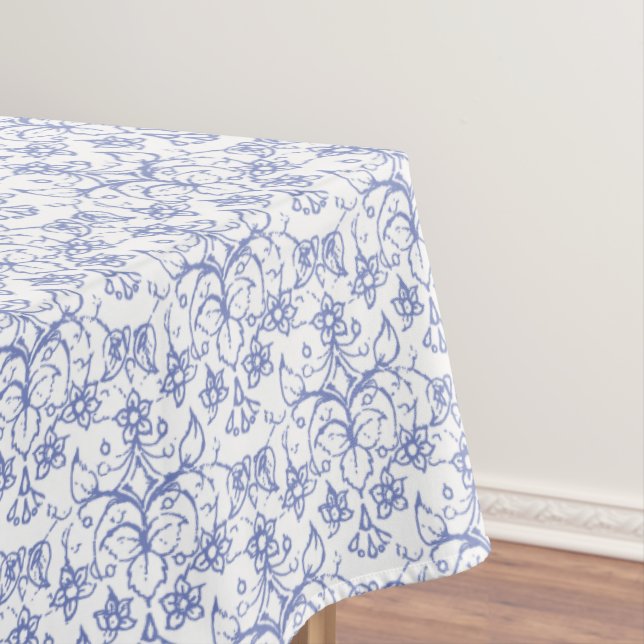 Custom Periwinkle Blue on White Decorative Floral Tablecloth (In Situ)