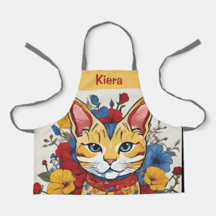 Custom Personalise Cat & Floral Aprons, Girls Chef Apron