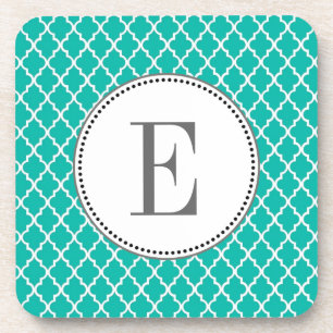 Custom personalise teal quatrefoil monogram coaster