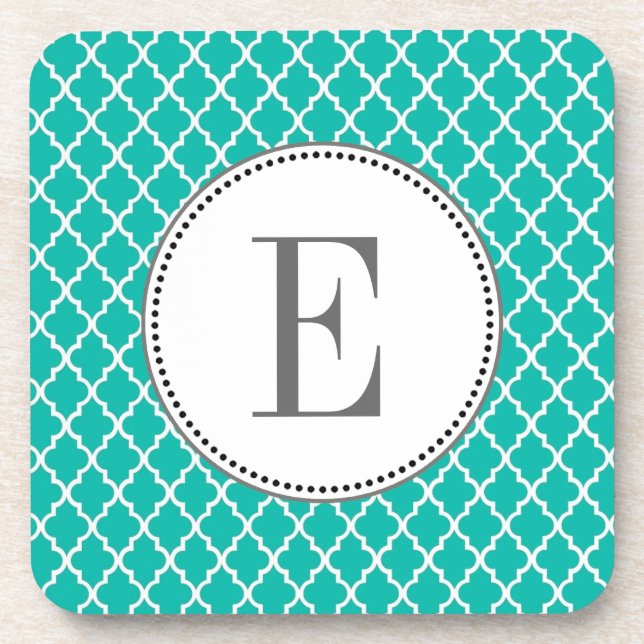 Custom personalise teal quatrefoil  monogram coaster (Front)