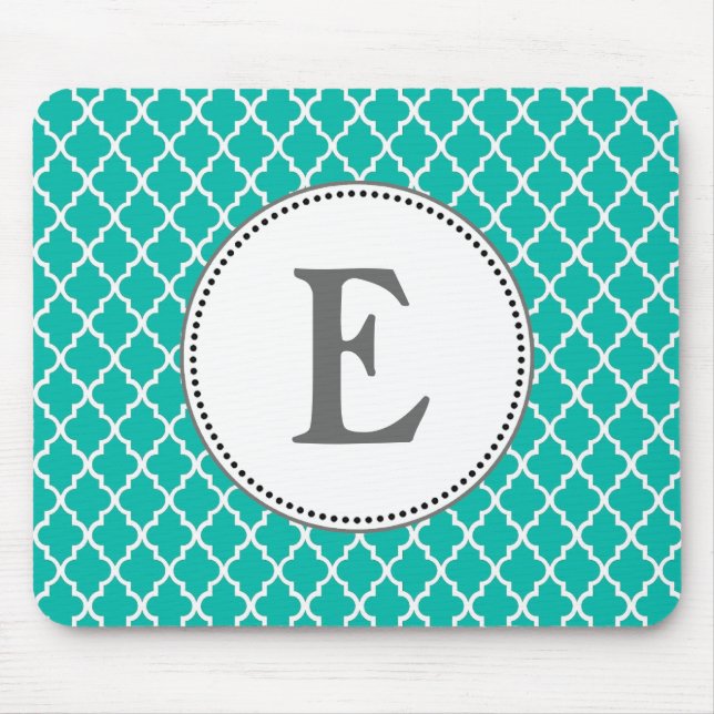 Custom personalise teal quatrefoil pattern monogra mouse mat (Front)