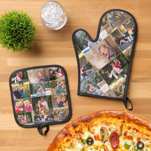 Custom Personalised 17 Photo Collage Gold Monogram Oven Mitt & Pot Holder Set