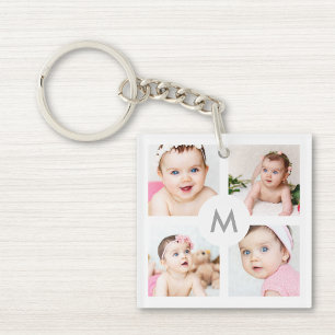 Custom Personalised 8 Photo Collage Monogram White Key Ring