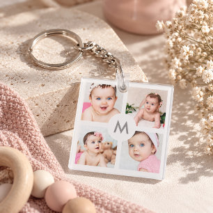 Custom Personalised 8 Photo Collage Monogram White Key Ring