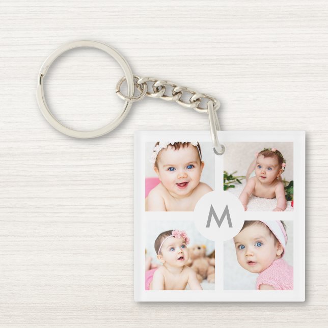 Custom Personalised 8 Photo Collage Monogram White Key Ring (Creator Uploaded)