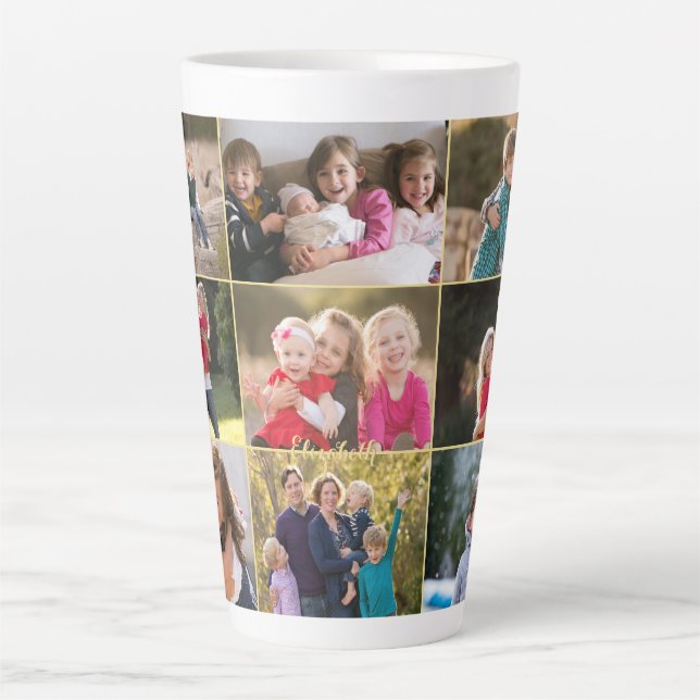 Custom Personalised 9 Photo Collage Gold Monogram Latte Mug (Front)
