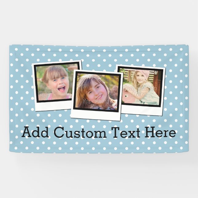Custom Personalised Blue Polka Dot 3 Photo Banner (Horizontal)