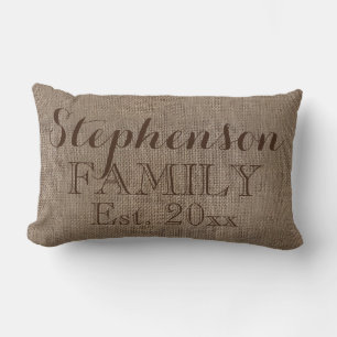 Custom Personalised Family Name Burlap Rustic Lumbar Cushion