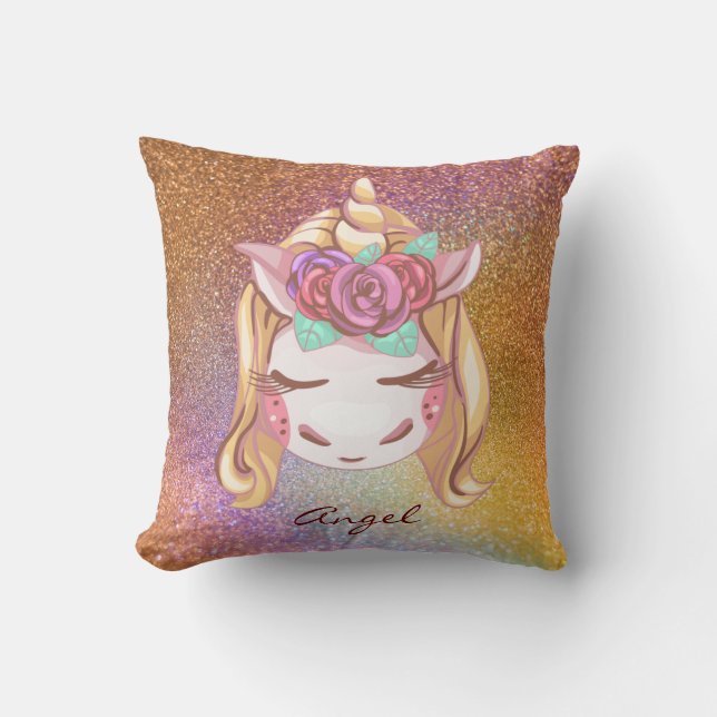 Custom Personalised Faux Glitter Rainbow Unicorn Cushion (Front)