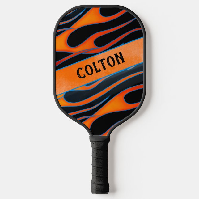 Custom Personalised Flames Orange & Black Pickleball Paddle (Front)