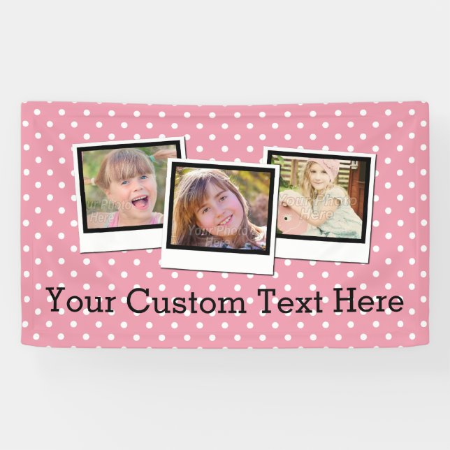 Custom Personalised Girls Pink Polka Dot 3 Photo Banner (Horizontal)