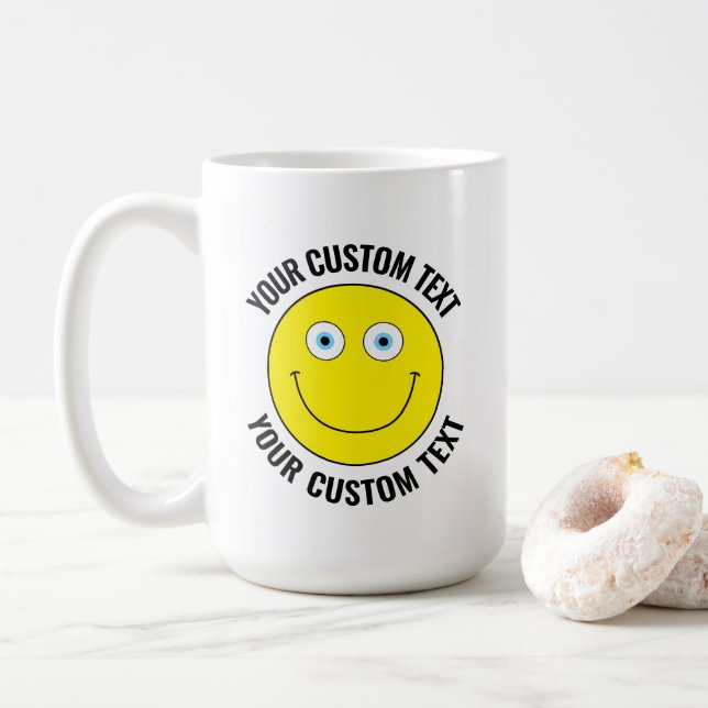 Custom Personalised Happy Face YELLOW, Blue Eyes Coffee Mug (With Donut)