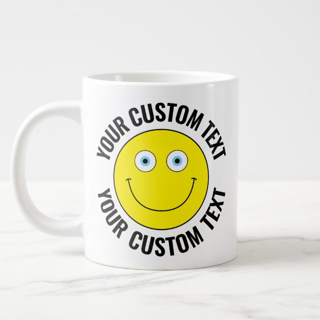 Custom Personalised Happy Face YELLOW, Blue Eyes Large Coffee Mug (Left)