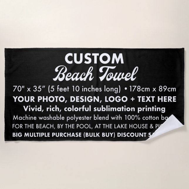 Custom Personalised Large Black Beach Towel 5' 10" (Front)