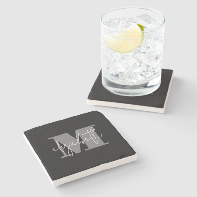 Custom Personalised Monogram Script Name Initial Stone Coaster (Side)