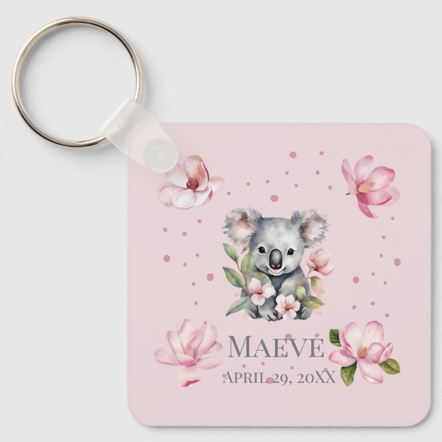 Custom Personalised Name Birth Date Koala Bear  Key Ring (Front)