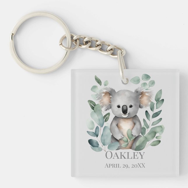Custom Personalised Name Birth Date Koala Bear  Key Ring (Front)