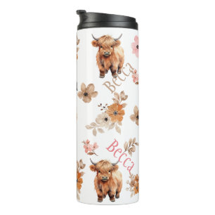 Custom Personalised Name Highland Cow Floral Thermal Tumbler
