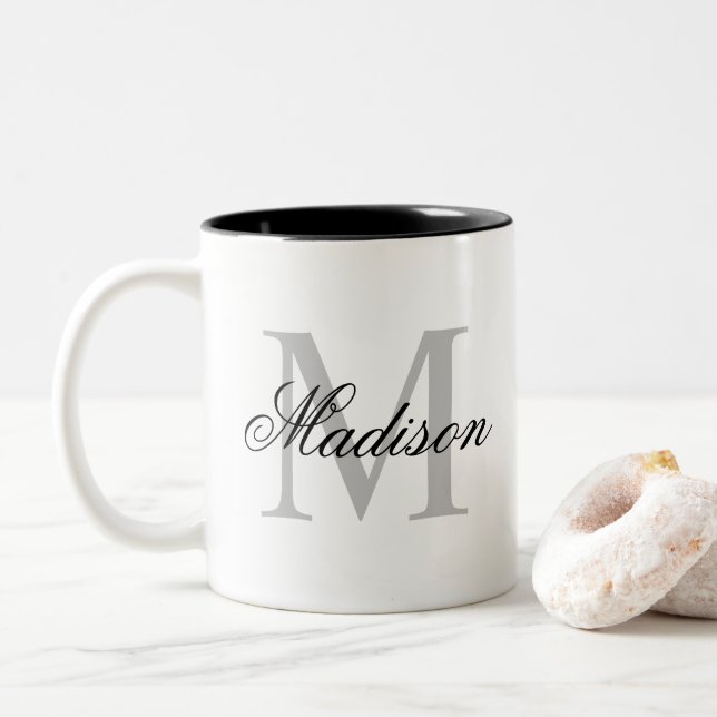 Custom Personalised Name Monogram Black Two-Tone Coffee Mug (With Donut)