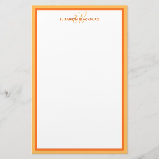 Custom Personalised Name Monogram Initials Orange Stationery (Front)