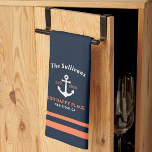 Custom Personalised Navy Coral Yacht Anchor Tea Towel