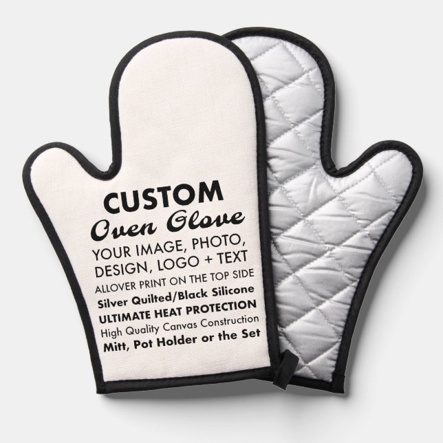 Custom Personalised Oven Glove/Mit, Silver Quilted Oven Mitt (Front/Back)