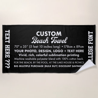 Custom Personalised Photo & Text Black Beach Towel